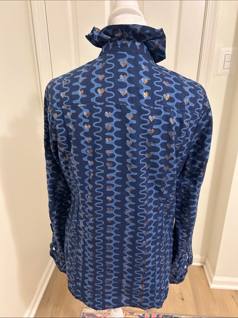 Oliphant Zig Zag Metallic Heart Button Down Cotton Blouse Size Small Nomad Blue - Picture 5 of 7